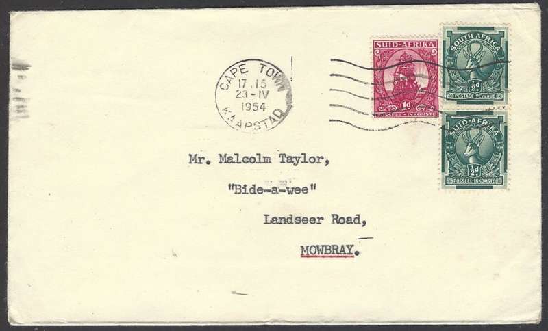 Union: 1954 cover with 1943 redrawn coils CAPE TOWN to MOWBRAY. See below.