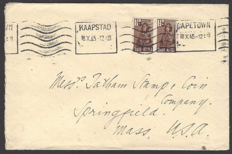 Union: 1945 cover CAPE TOWN to SPRINGFIELD, MASSACHUSETTS. See below.