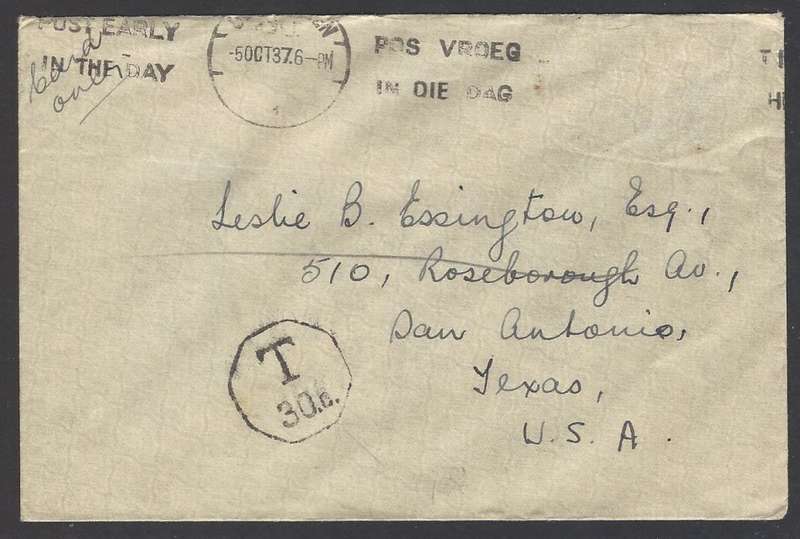 Union: 1937 Taxed cover EAST LONDON to SAN ANTONIO, TEXAS. See below.