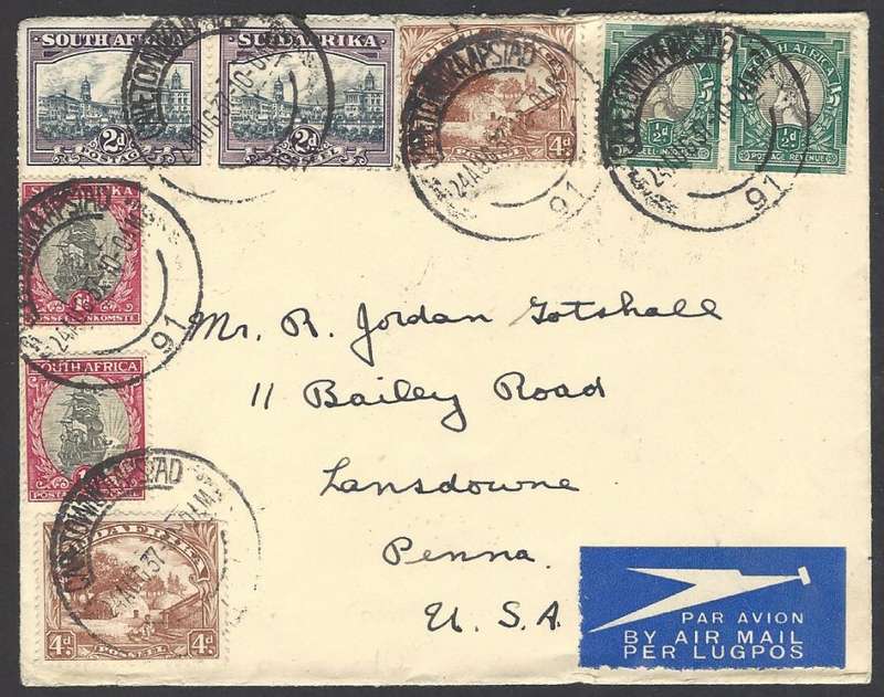 Union: 1937 Union-Castle Line envelope CAPE TOWN to LANSDOWNE, PENNSYLVANIA. See below.