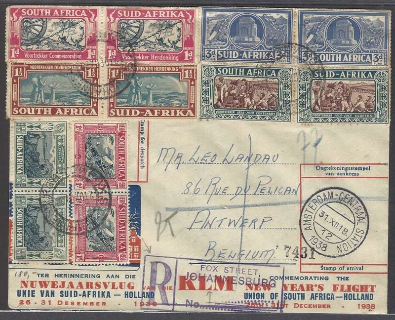 Union: 1938 KLM flight cover FOX ST, JHB to AMSTERDAM CENTRAL STATION. See below.