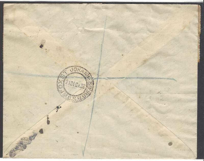 Union: 1938 KLM flight cover FOX ST, JHB to AMSTERDAM CENTRAL STATION. See below.