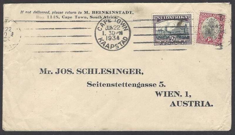 Union: 1934 cover CAPE TOWN to VIENNA. See below.