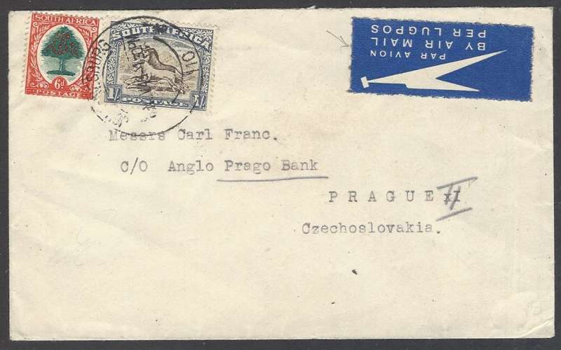 Union: 1946 cover JOHANNESBURG to PRAGUE, CZECHOSLOVAKIA. See below.