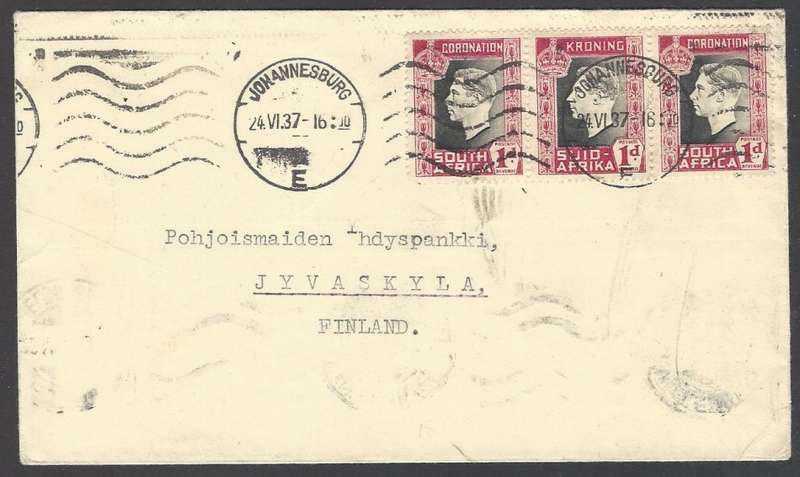 Union: 1937 cover JOHANNESBURG to HELSINKI, FINLAND. See below.