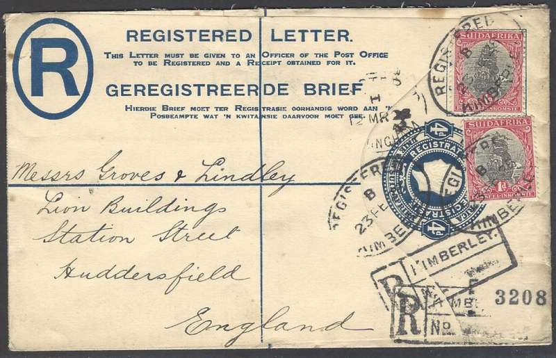 Union: 1928 uprated registered p/s envelope KIMBERLEY to HUDDERSFIELD, ENGLAND. See below.