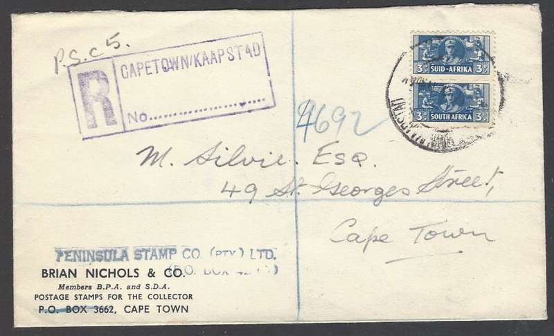 Union: 1943 registered cover "PENINSULA STAMP CO. (Pty) Ltd" CAPE TOWN. See below.