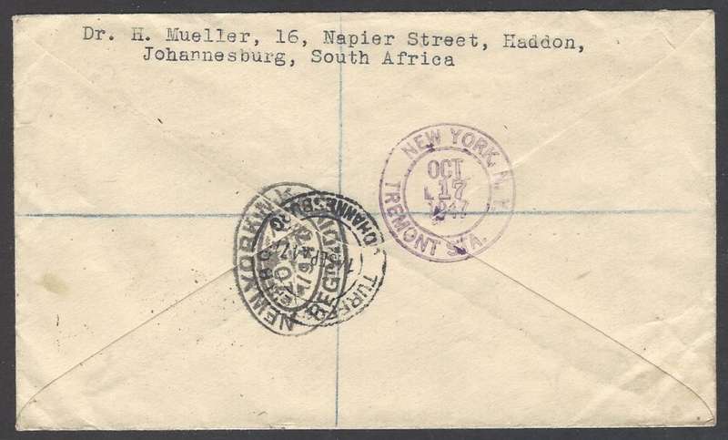 Union: 1947 registered cover & "First Notice" cachet TURFFONTEIN to NEW YORK. See below.