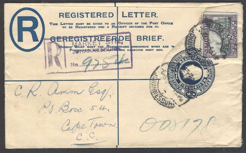 Union: 1933 registered uprated p/s envelope MARKET ST., JHB  to CAPE TOWN. See below.