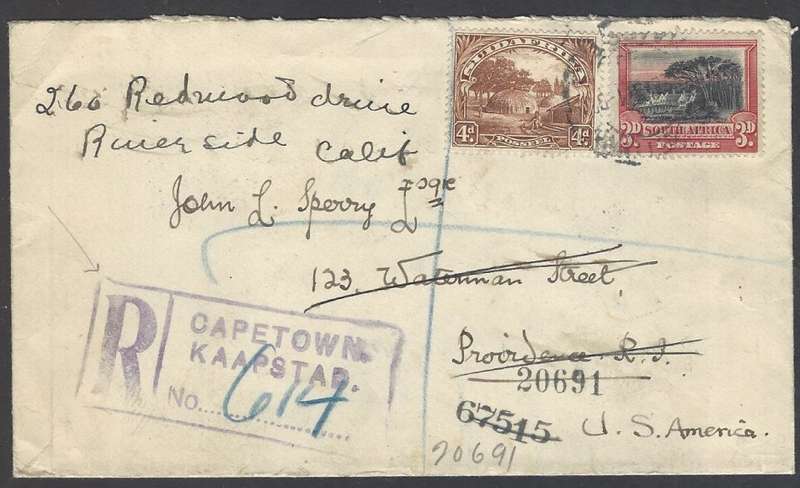 Union 1929 registered/redirected cover CAPE TOWN/PROVIDENCE, Rhode Island/RIVERSIDE, California.