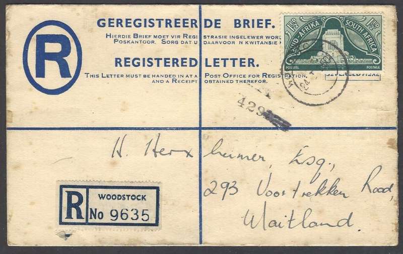 Union 1950 uprated registered p/s envelope WOODSTOCK to MAITLAND. See below.