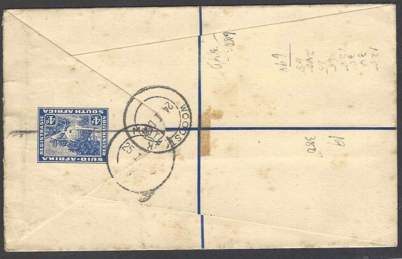 Union 1950 uprated registered p/s envelope WOODSTOCK to MAITLAND. See below.