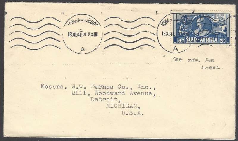 Union 1941 cover with Victory label JOHANNESBURG to DETROIT, Michigan. See below.