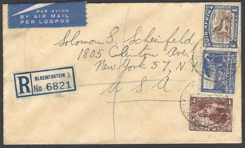 Union postal history: 1948 registered cover BLOEMFONTEIN to NEW YORK. See below.
