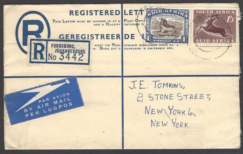 Union postal history: 1954 uprated registered p/s envelope FORDSBURG to NEW YORK. See below.