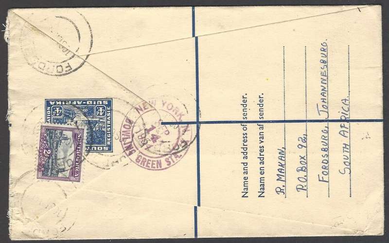 Union postal history: 1954 uprated registered p/s envelope FORDSBURG to NEW YORK. See below.