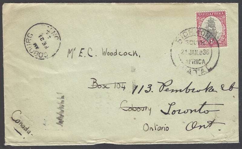 Union postal history: 1936 redirected cover RICHMOND to COBOURG, ONTARIO. See below.