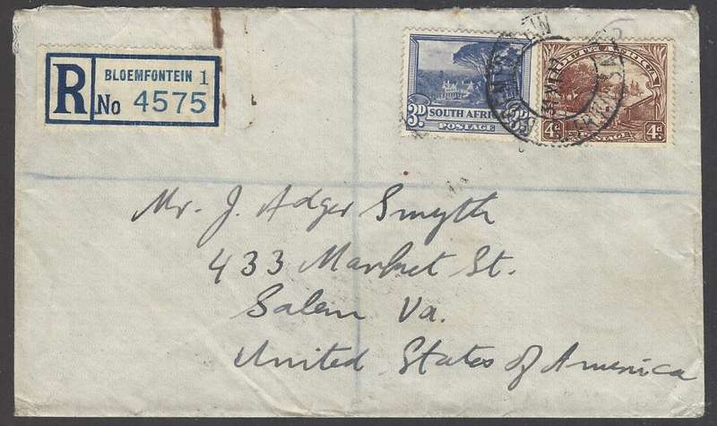 Union postal history: 1947 registered cover BLOEMFONTEIN to SALEM, VA, USA. See below.