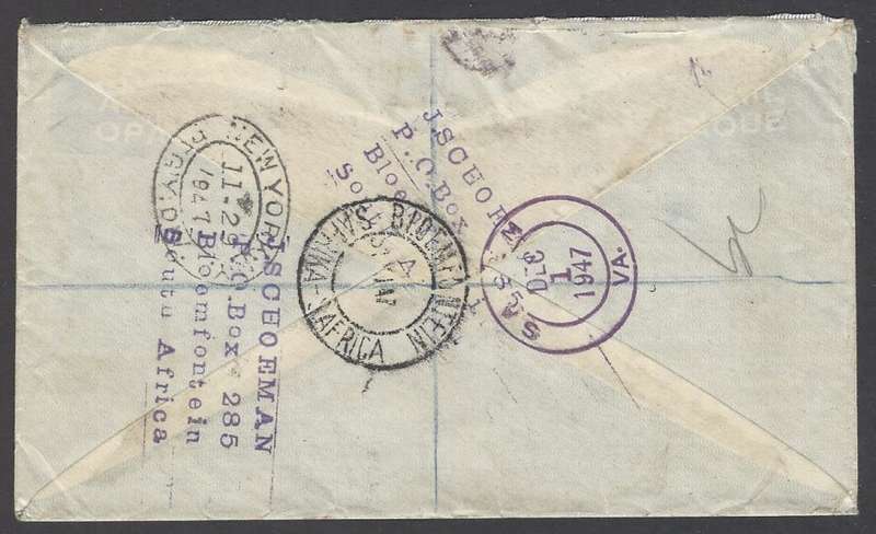 Union postal history: 1947 registered cover BLOEMFONTEIN to SALEM, VA, USA. See below.