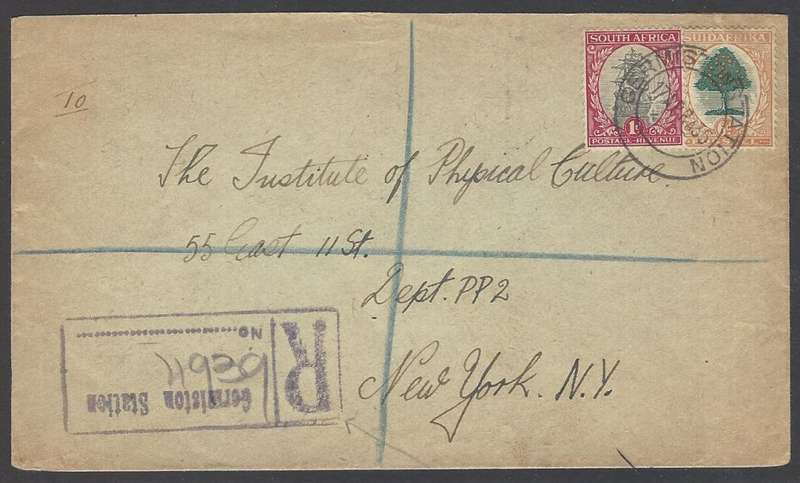 Union postal history: 1935 registered cover GERMISTON STATION to NEW YORK. See below.
