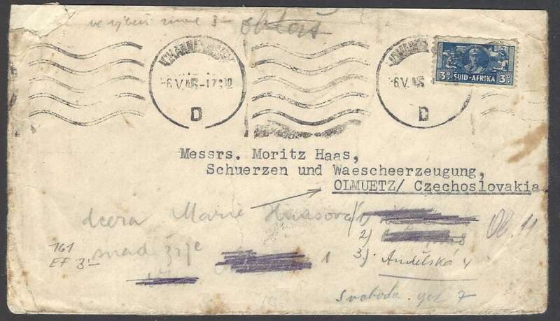 Union postal history: Scarce 1946 redirected cover JOHANNESBURG to CZECHOSLOVAKIA. See below.