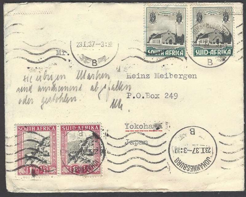 Union postal history: 1937 Scarce Union Castle Line cover JOHANNESBURG/YOKOHAMA, JAPAN. See below.