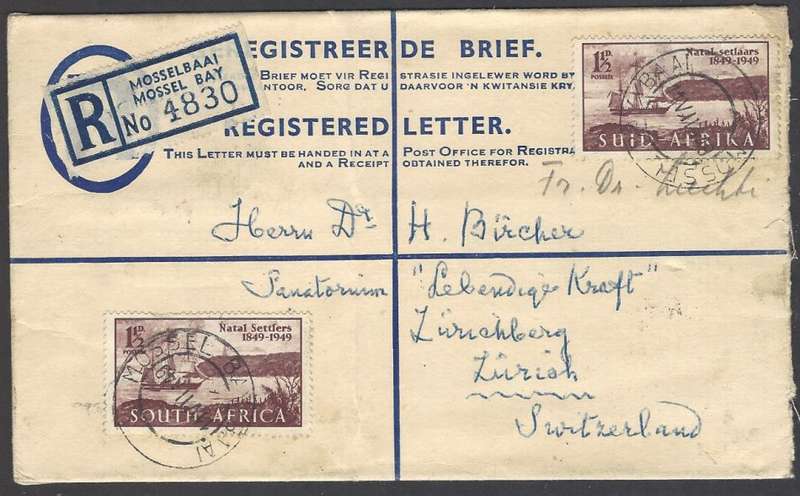 Union 1949 uprated registered p/s envelope MOSSEL BAY to ZURICH. See below.