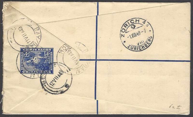 Union 1949 uprated registered p/s envelope MOSSEL BAY to ZURICH. See below.