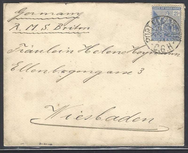 Cape Maritime Mail: 1899 "R.M.S. Briton" cover from Port Elizabeth to Wiesbaden, Germany. See below.
