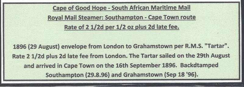 Cape Maritime Mail: 1896 "R.M.S." Tartar incoming cover London/Grahamstown. See below.