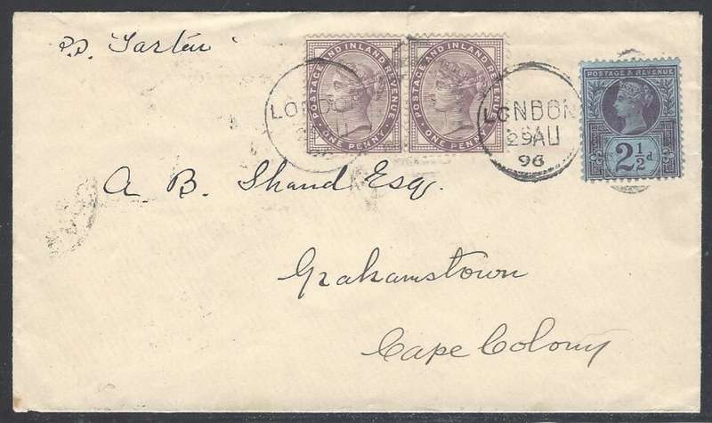 Cape Maritime Mail: 1896 "R.M.S." Tartar incoming cover London/Grahamstown. See below.