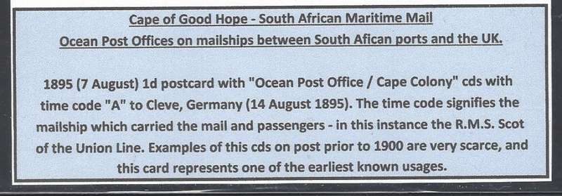 Cape Ocean PO: Rare 1895 "R.M.S. Scot" card with one of EARLIEST cds to Cleve, Germany. See below.
