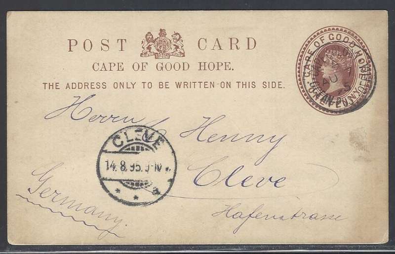 Cape Ocean PO: Rare 1895 "R.M.S. Scot" card with one of EARLIEST cds to Cleve, Germany. See below.