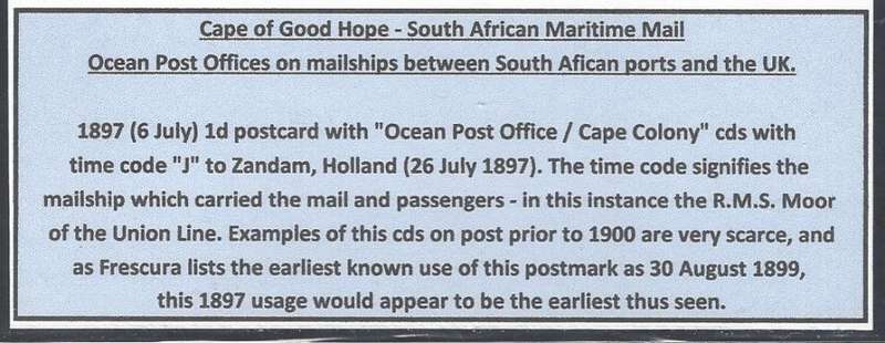 Cape Ocean PO: Rare 1897 "R.M.S. Moor" card with one of EARLIEST cds to Zandam, Holland. See below.