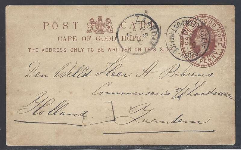Cape Ocean PO: Rare 1897 "R.M.S. Moor" card with one of EARLIEST cds to Zandam, Holland. See below.