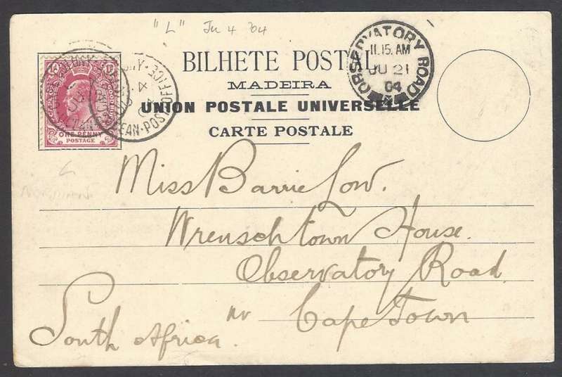Cape Ocean PO: Scarce 1904 "RMS Spartan" card to Observatory Road. See below.