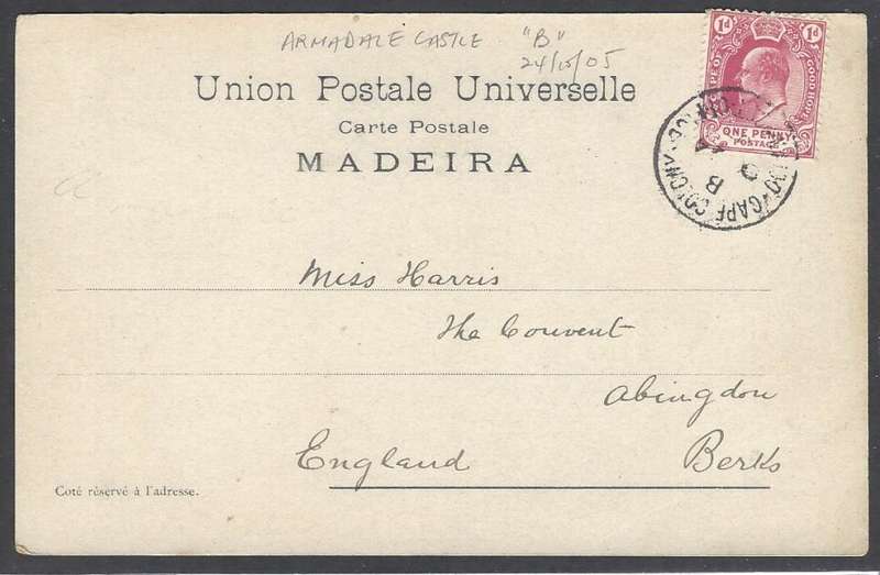 Cape Ocean PO: 1905 "SS Armadale Castle" card to England. See below.