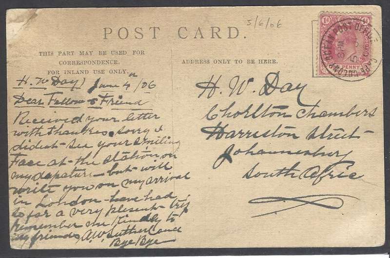 Cape Ocean PO: 1906 Early use "SS Kenilworth Castle" card to Johannesburg. See below.