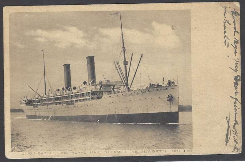 Cape Ocean PO: 1906 Early use "SS Kenilworth Castle" card to Johannesburg. See below.
