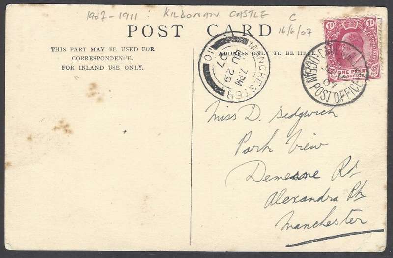 Cape Ocean PO: 1907 Scarce early use "SS Kildonan Castle" card to Manchester. See below.