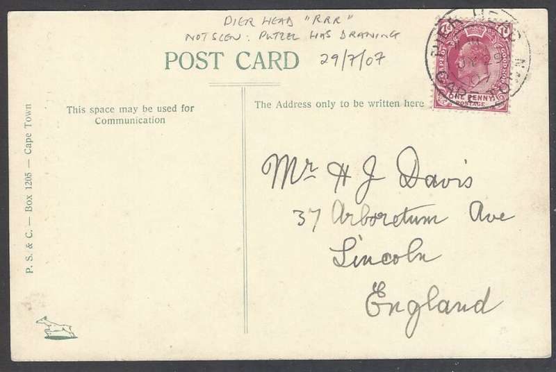 Cape Postal history: Rare 1907 "PIER HEAD" cds - not seen by Putzel - on card to England. See below.
