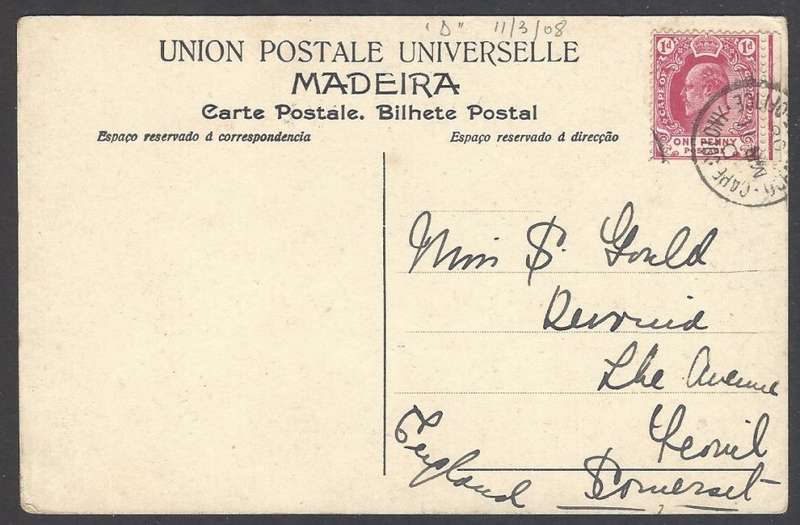 Cape Ocean PO: 1908 card to England, aboard either Carisbook or Dunvegan Castles. See below.