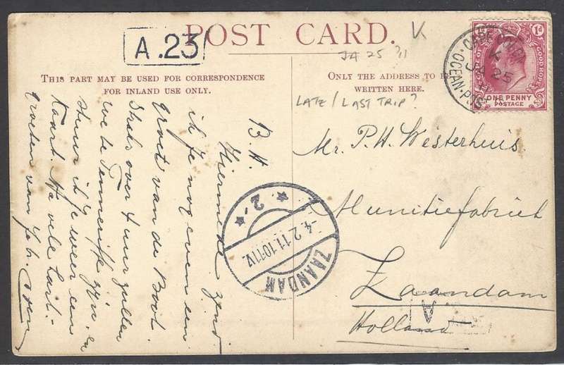 Cape Ocean PO: Latest seen: 1911 "Kinfauns Castle" card to Holland. See below.