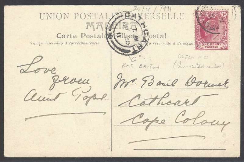 Cape Ocean PO: Latest seen & INVERTED DATE: 1911 "RMS Briton" card to Cathcart. See below.