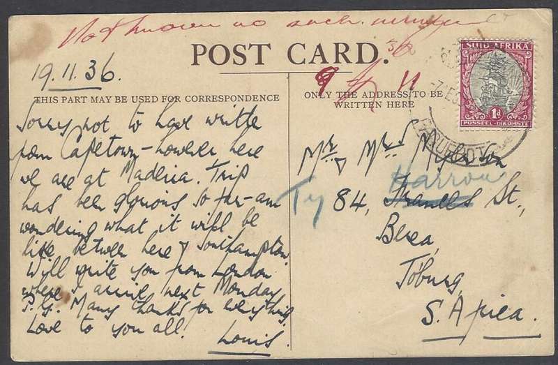 Union Paquebot: 1936 "Winchester Castle" card to Johannesburg. See below.