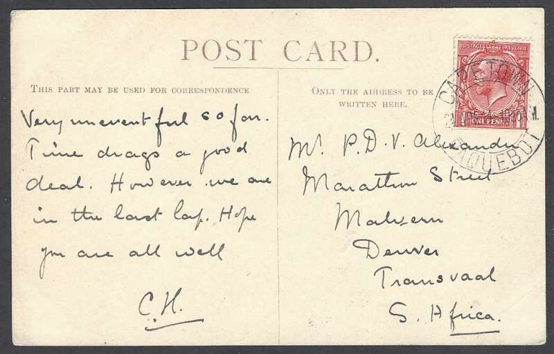 Union Paquebot: Scarce 1914 incoming "Galway Castle" card to Denver, Transvaal. See below.
