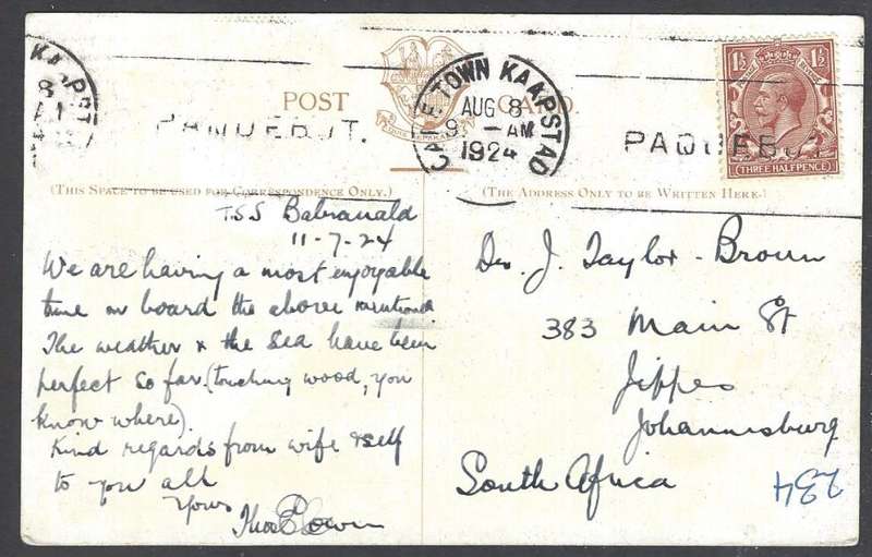 Union Paquebot: Scarce 1924 incoming "SS Balranald" P & O card to Jeppe, Johannesburg. See below.