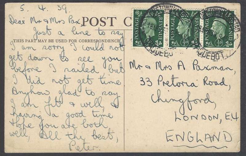 Union Paquebot: 1939 "Grantully Castle" card to London. See below.