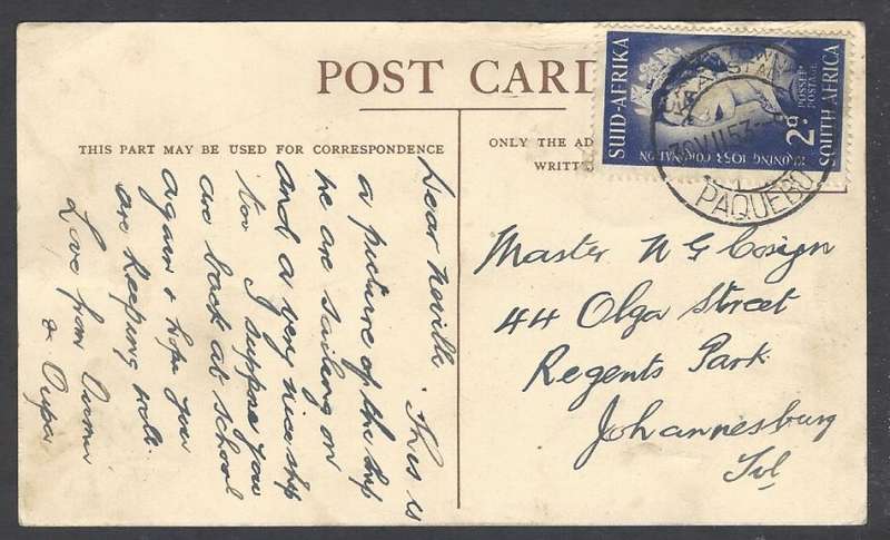 Union Paquebot: 1953 "Sterling Castle" card to Johannesburg. See below.