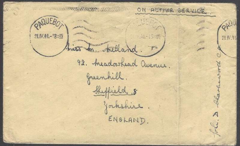Union Paquebot: 1941 "On Active Service" cover to Sheffield, England. See below.